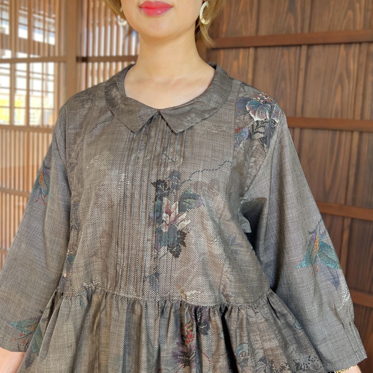 【泥大島紬アレンジ襟付きワンピース】９．２０．７