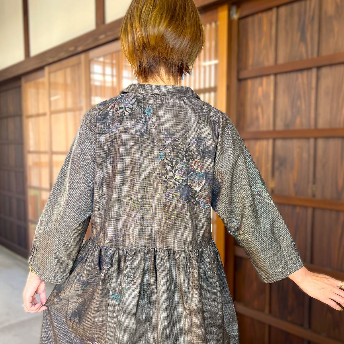 【泥大島紬アレンジ襟付きワンピース】９．２０．７