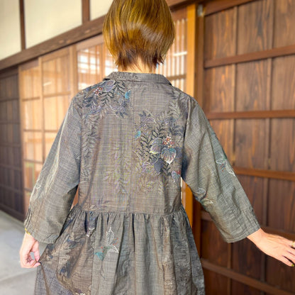 【泥大島紬アレンジ襟付きワンピース】９．２０．７