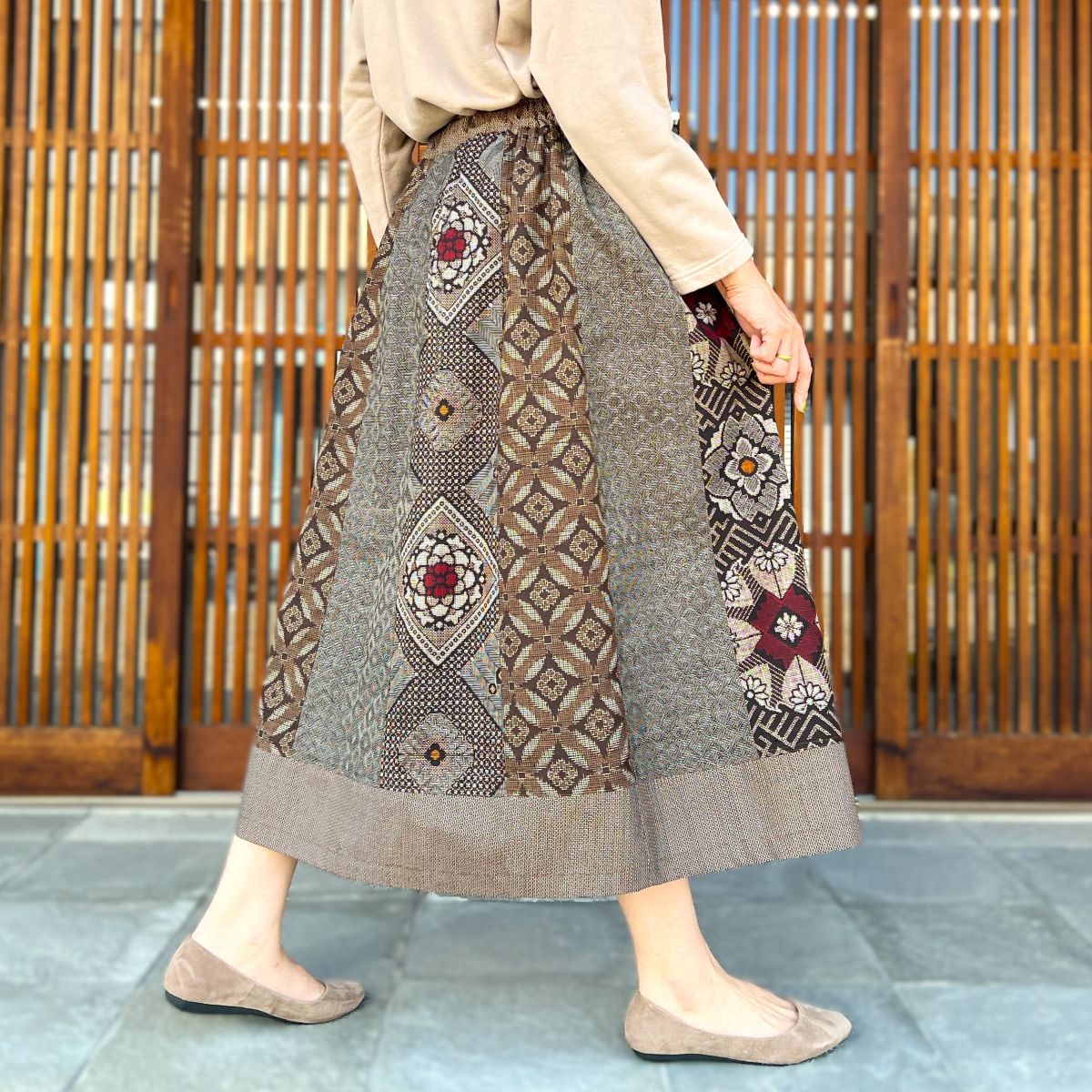 【大島紬リメイクフレアギャザースカート】高木ふくえ作　１０．１２．３