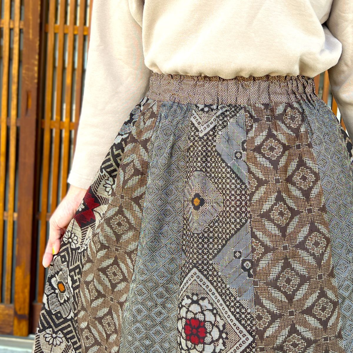 【大島紬リメイクフレアギャザースカート】高木ふくえ作　１０．１２．３