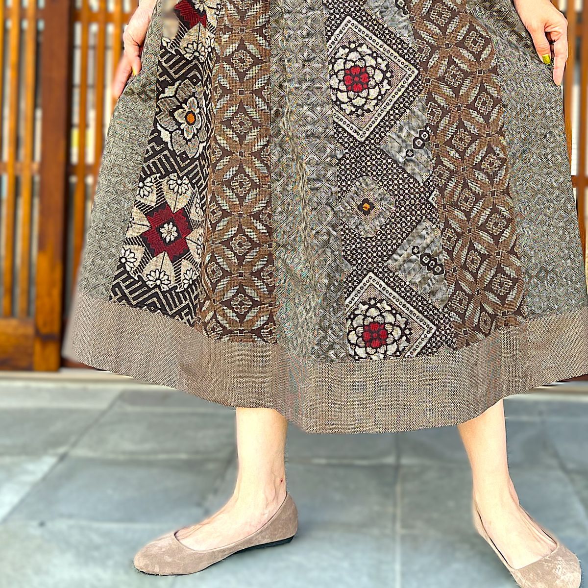 【大島紬リメイクフレアギャザースカート】高木ふくえ作　１０．１２．３