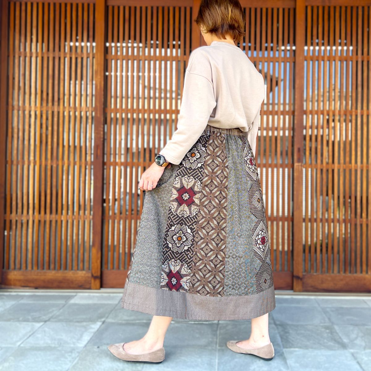 【大島紬リメイクフレアギャザースカート】高木ふくえ作　１０．１２．３
