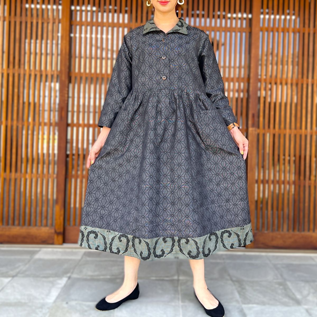 【大島紬アレンジ襟付きワンピース】高木ふくえ作　１０．１２．２