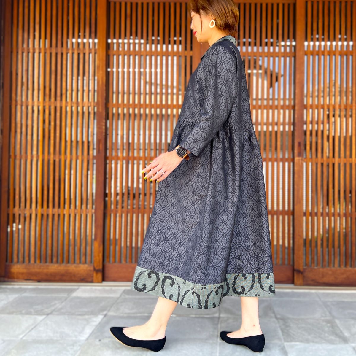 大島紬アレンジ襟付きワンピース】高木ふくえ作 10．12．2