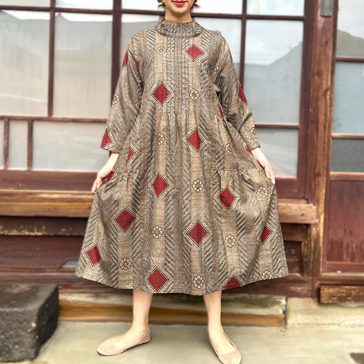 着物リメイク♪ 大島紬 3段ティアードワンピース MーL 裏地付き♪ 秋