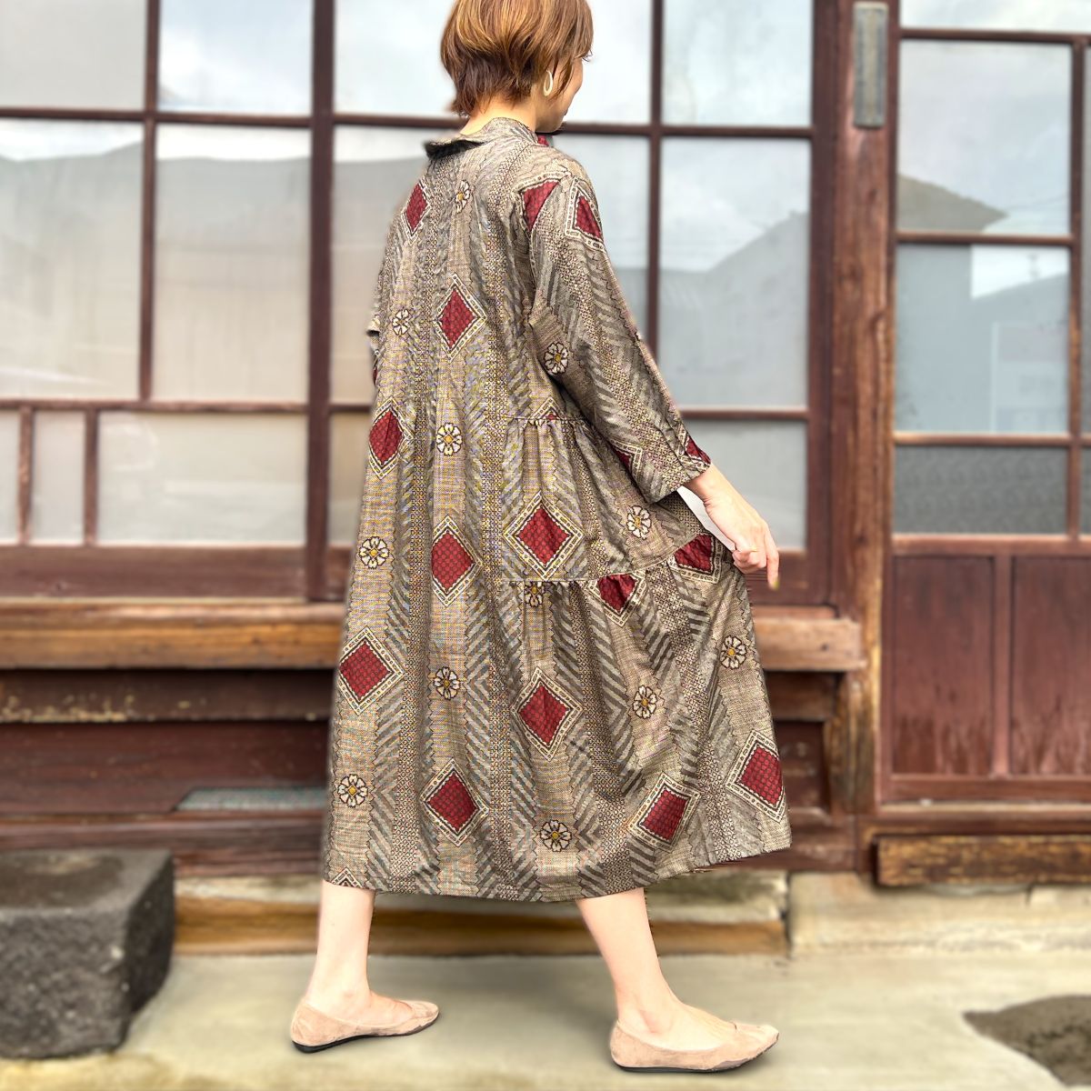 【大島紬アレンジティアードワンピース】３．５．７