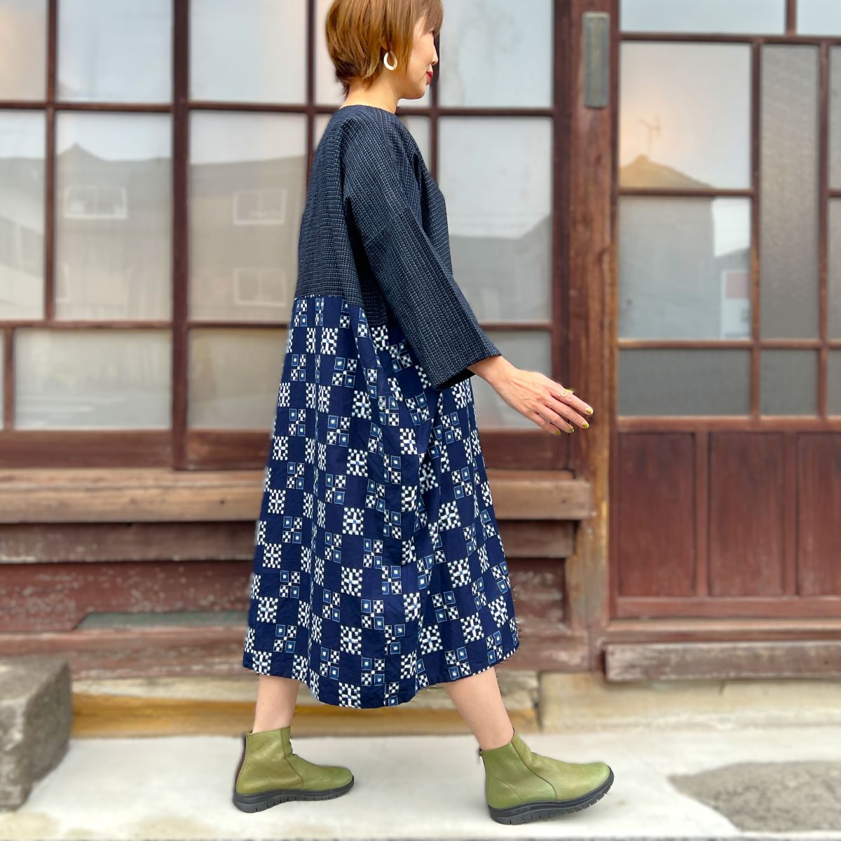 [Old Cloth Arrangement Long Vest] Fukue Takagi Tunic Pattern Dyed Tube Painting Indigo Dyed