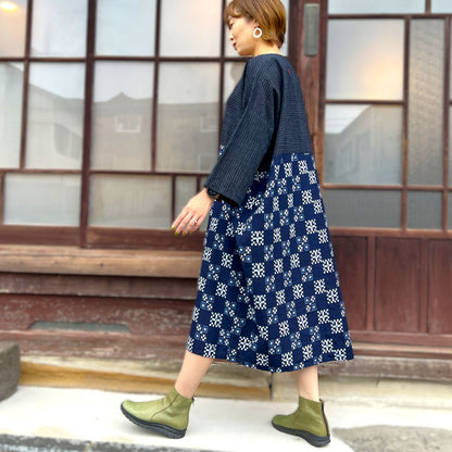 [Old Cloth Arrangement Long Vest] Fukue Takagi Tunic Pattern Dyed Tube Painting Indigo Dyed