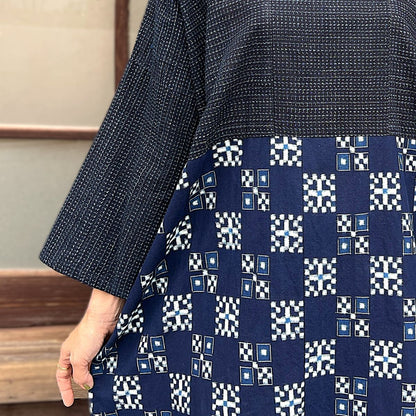 [Old Cloth Arrangement Long Vest] Fukue Takagi Tunic Pattern Dyed Tube Painting Indigo Dyed