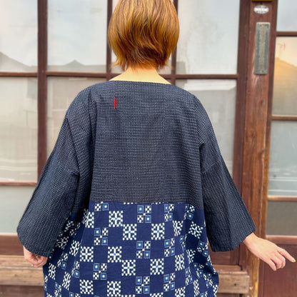 [Old Cloth Arrangement Long Vest] Fukue Takagi Tunic Pattern Dyed Tube Painting Indigo Dyed