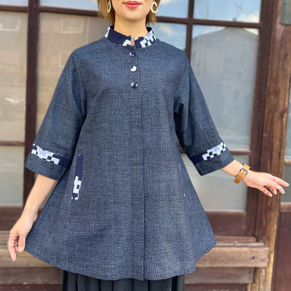 【久留米絣前開きブラウス】１０３８