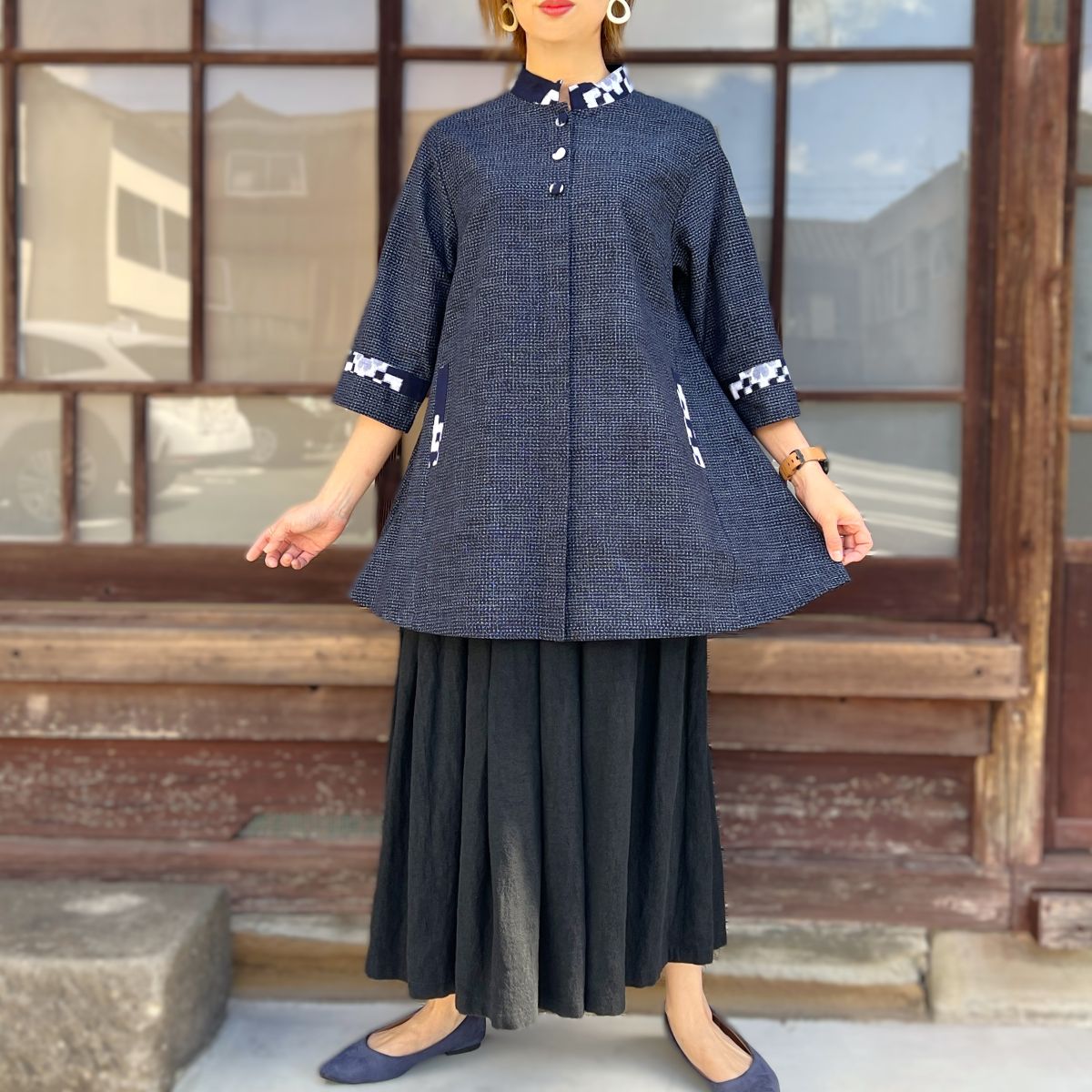 【久留米絣前開きブラウス】１０３８