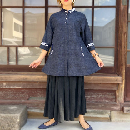 【久留米絣前開きブラウス】１０３８