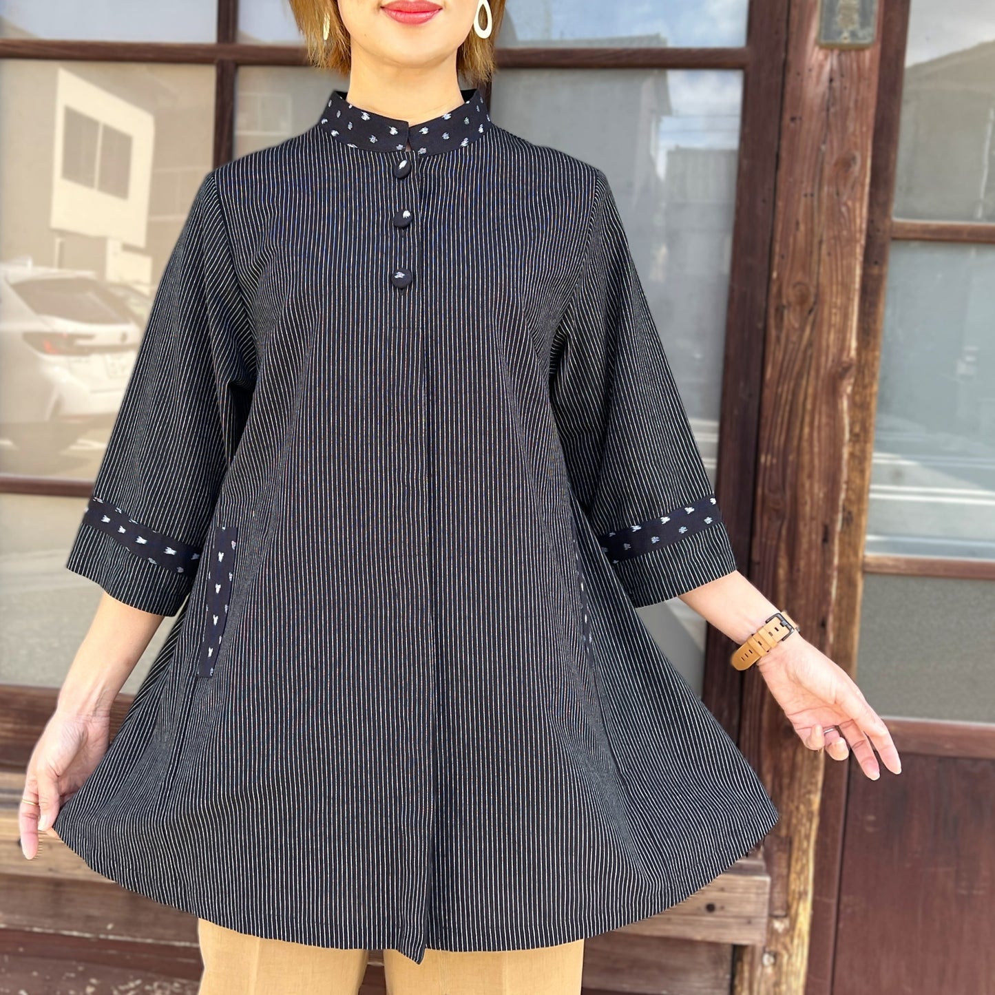 【久留米絣前開きブラウス】１０３８