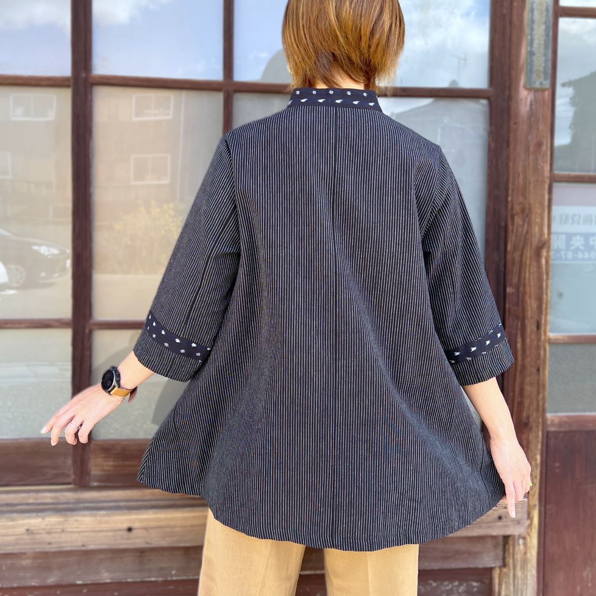 【久留米絣前開きブラウス】１０３８