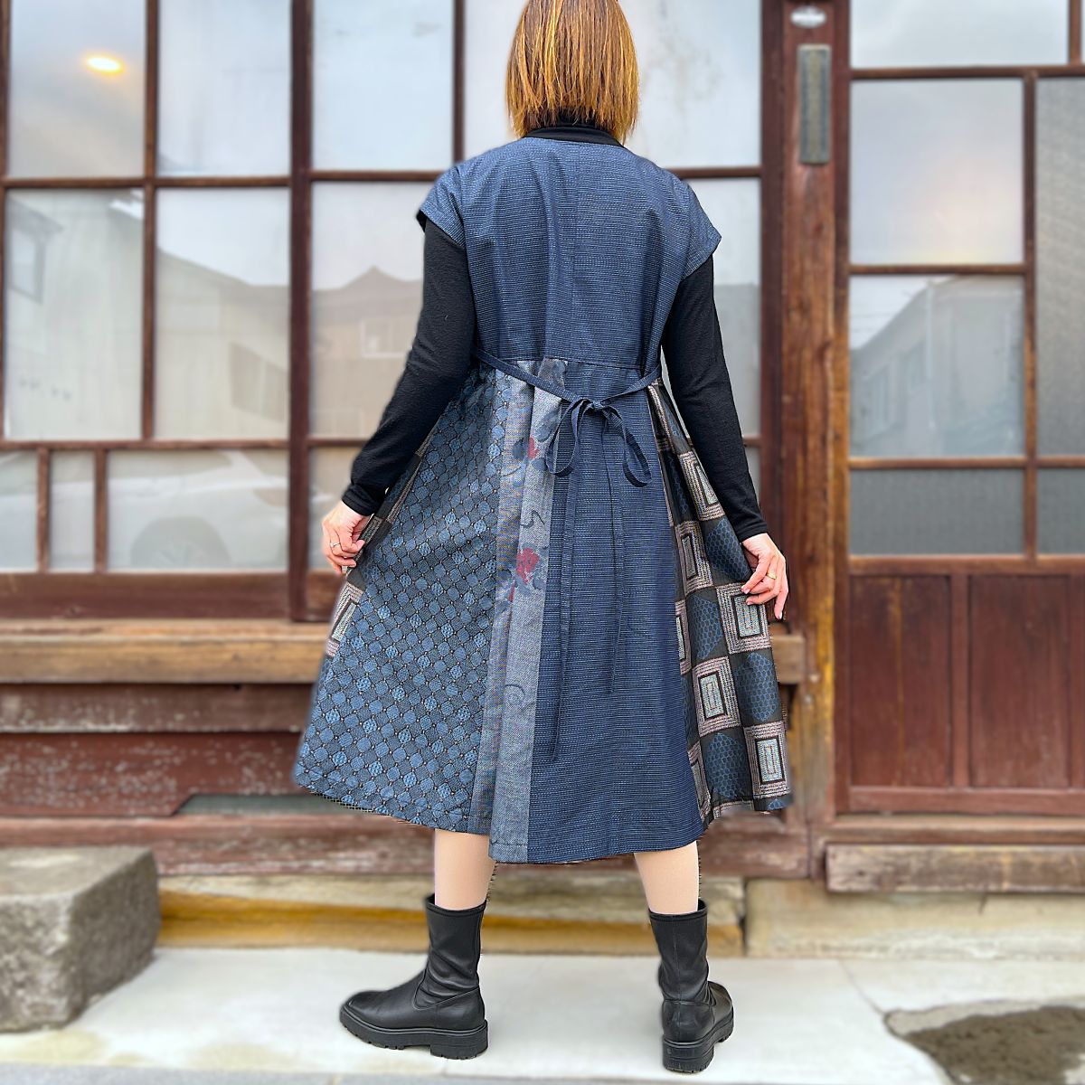 大島紬アレンジフレンチスリーブワンピース】 YO1 – こっとんコットン
