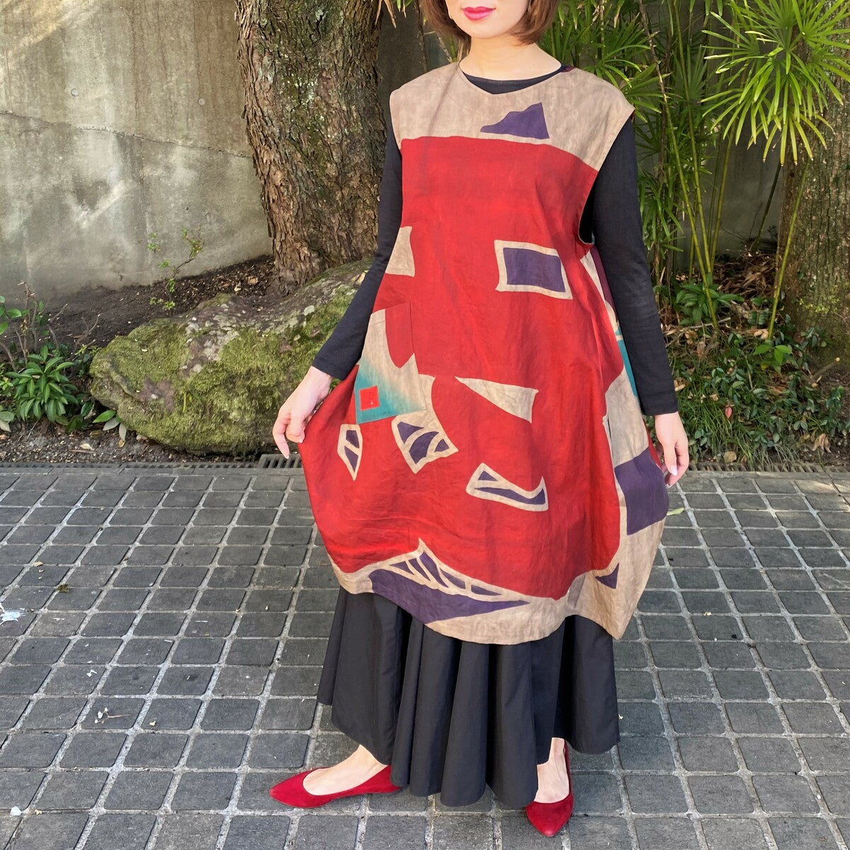 [Persimmon juice dyed big catch flag tunic] One-of-a-kind piece by the artist, jumper skirt, old cloth 