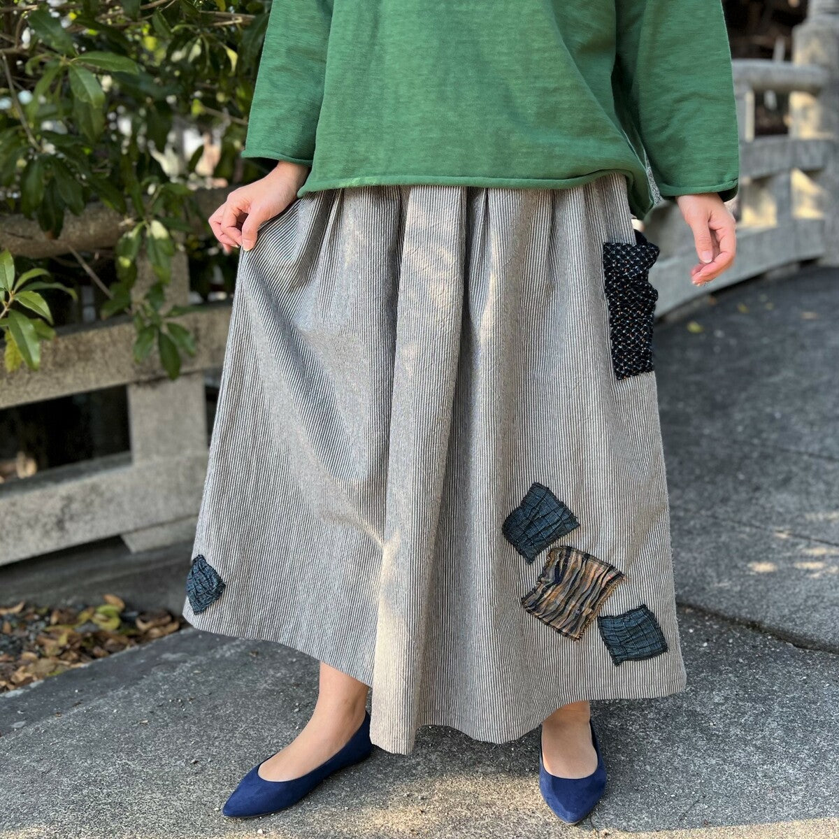[Sumi-dyed skirt] Kurume kasuri lattice sashiko patchwork soft and cute 