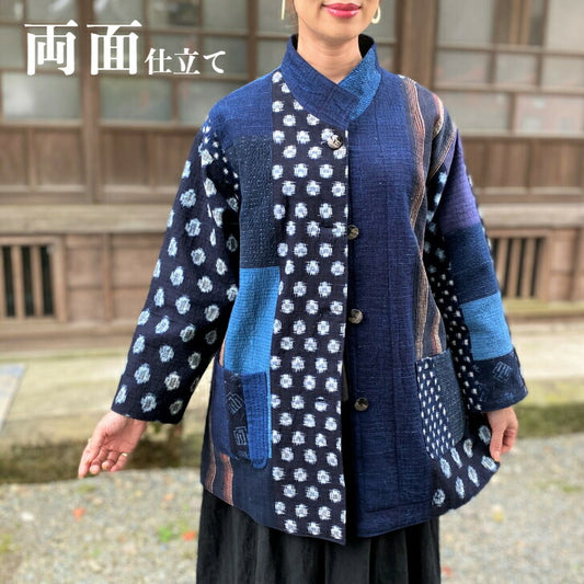 [Tsugaru sashiko double-sided jacket] One-of-a-kind piece by Fukue Takagi, haori, tube-painted, indigo-dyed, old cloth, reversible